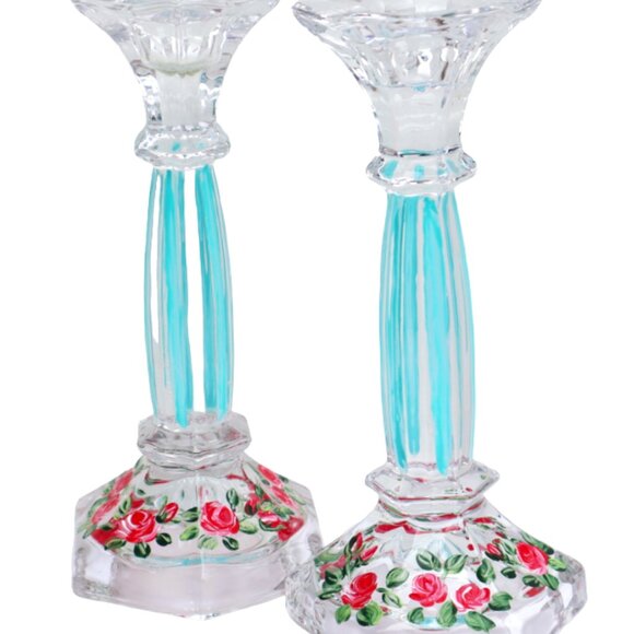 NEW Hand Painted Roses Glass Taper Candle Holders Victorian Shabby Chic Decor - Picture 1 of 5